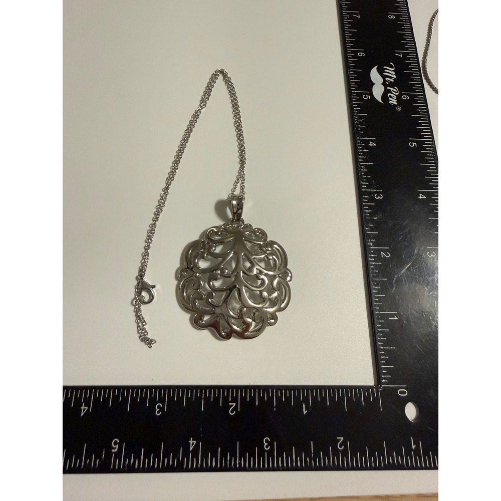 Lia Sophia Silver Tone Filigree Medallion Pendant Necklace Scroll Openwork Large